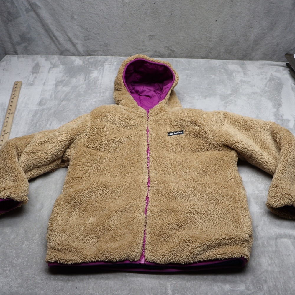 Eddie Bauer Jacket Girl Large 14/16 Brown Purple Sherpa Fleece Hoodie Reversible
